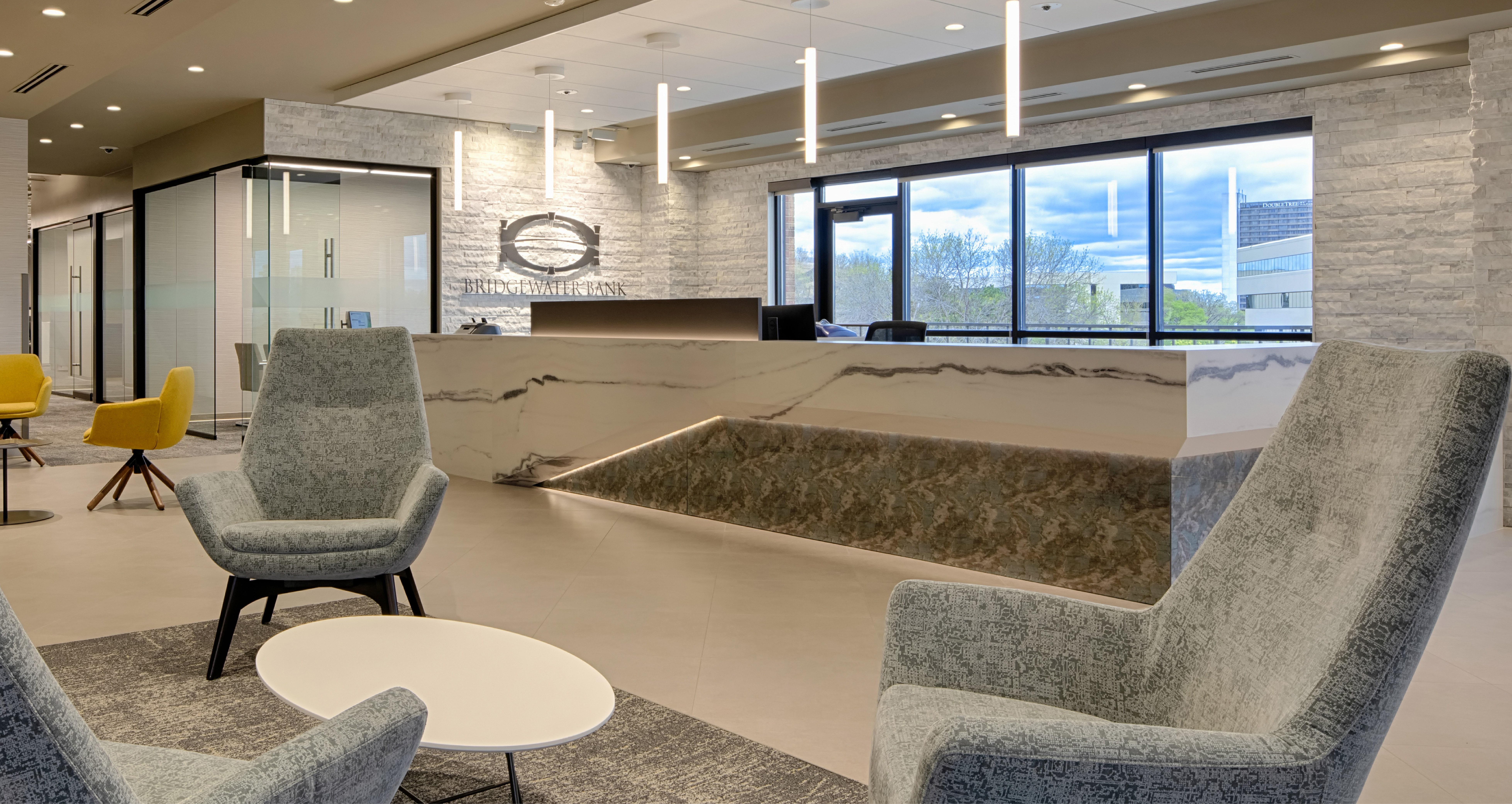 Interior photo of Bridgewater Bank Bloomington branch.